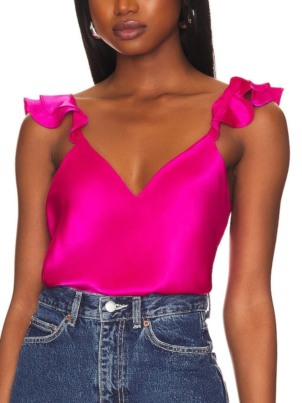CAMI NYC Damaris Neon Pink Silk-Charmeuse Ruffle Camisole